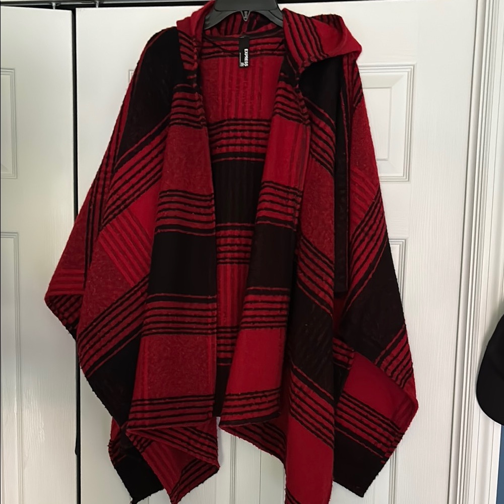 Red and Black Hooded Poncho EXPRESS OS Buffalo Plaid